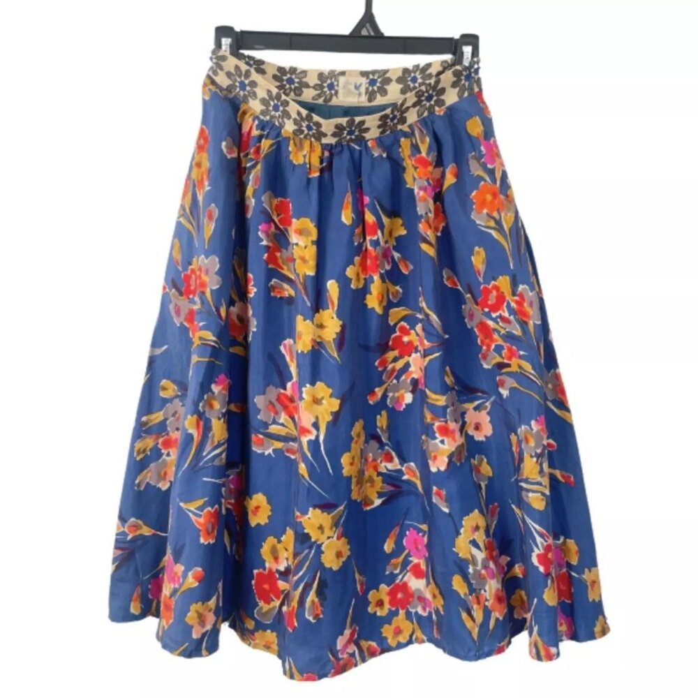 Anthropologie Silk Floral Print Midi Skirt with Pockets Size 4